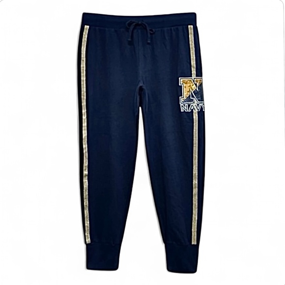 PINK Victoria’s Secret US Navy Sequined Jogger Sweatpants Gold Stripe Size L - Picture 1 of 13